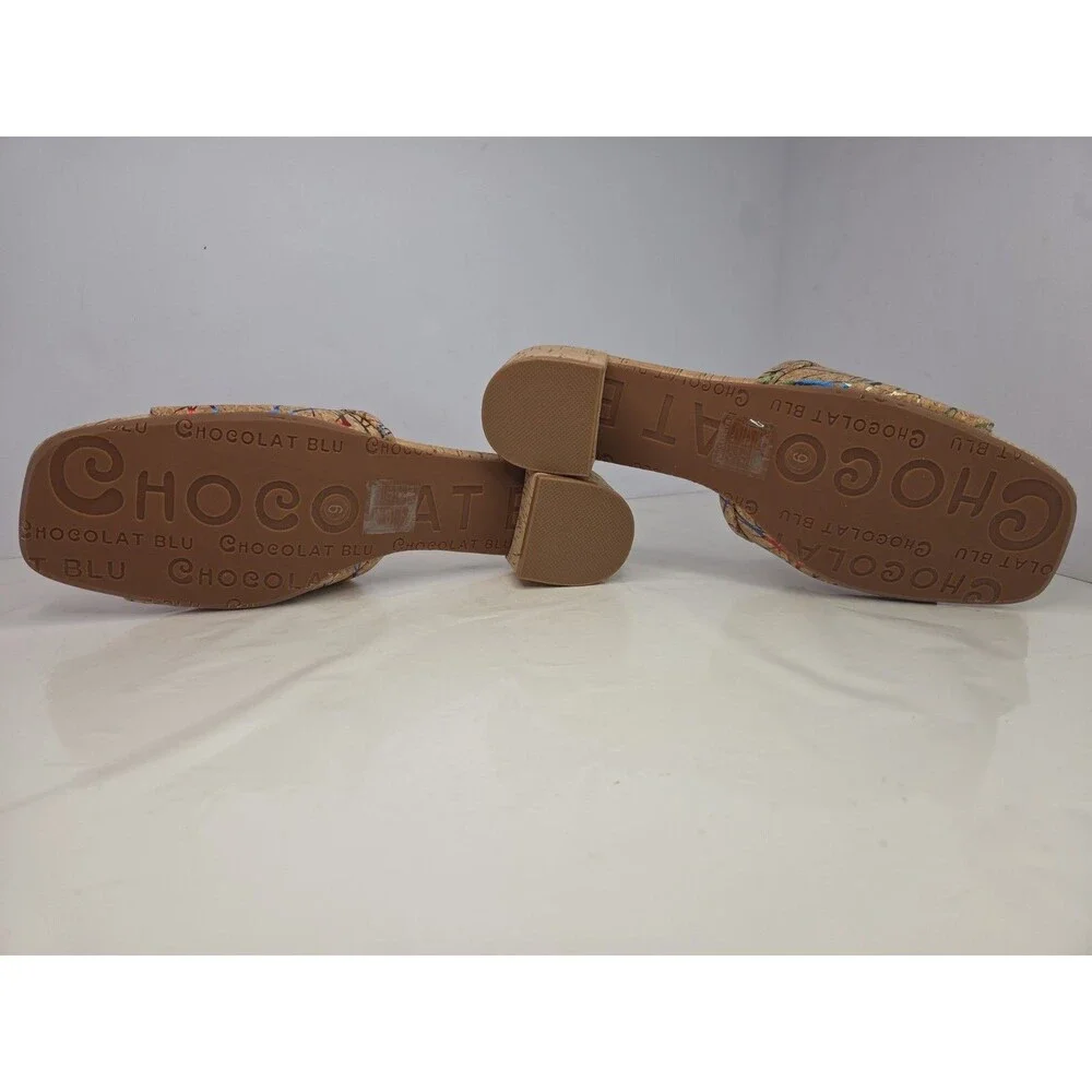 Chocolat Blu Cindy Cork Sandals Paint Splatter Graffiti Heeled Mules Sz 9 NWOB